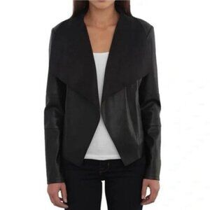 Bagatelle Black Faux Suede Leather Waterfall Open Front Jacket Size Small EUC